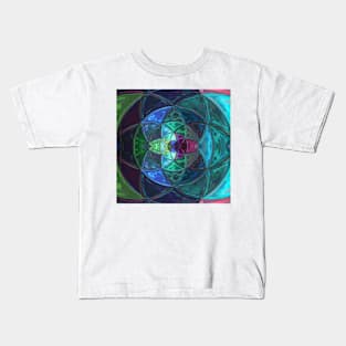 Mosaic Kaleidoscope Flower Green Blue and Purple Kids T-Shirt